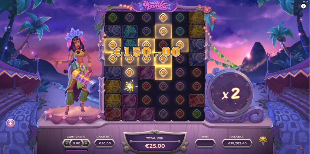 Winning cluster formation in the Brazil Bomba slot game, demonstrating the Cluster Pays mechanic.