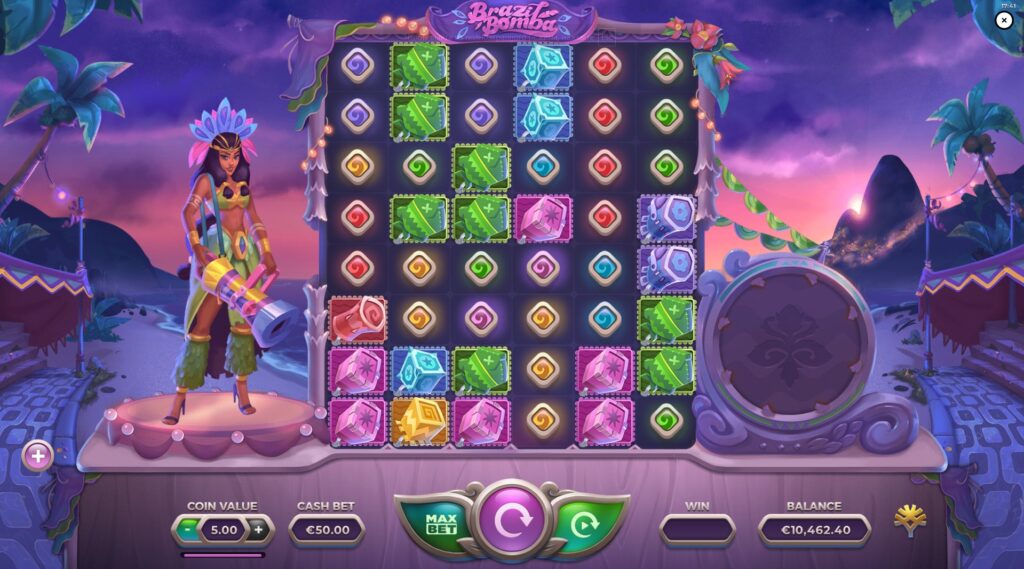 Brazil Bomba slot game screen by Yggdrasil showing the 6x8 reel layout and carnival dancer.