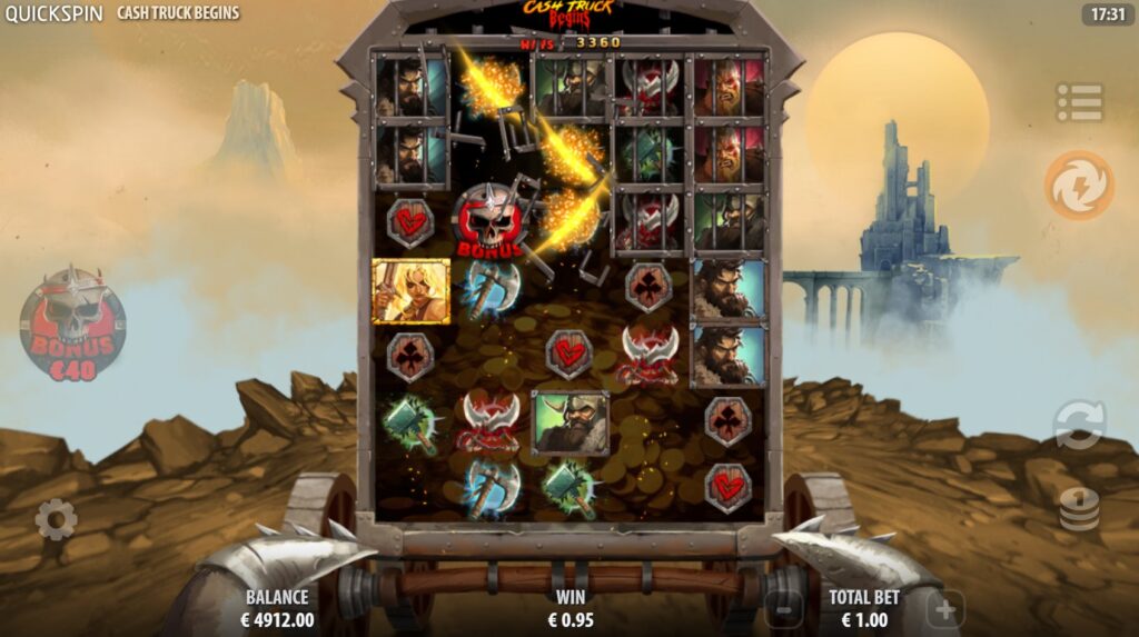 Cash Truck Begins slot base game by Quickspin showing expanding reels mechanic and warrior symbols on an armored wagon.