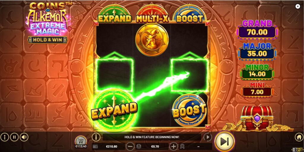 Coins of Alkemor Extreme Magic Hold & Win round with the EXPAND Extreme Feature active, showing expanded coin symbols.