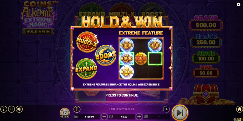 Triggering the Hold & Win bonus feature in Coins of Alkemor Extreme Magic with bonus symbols.