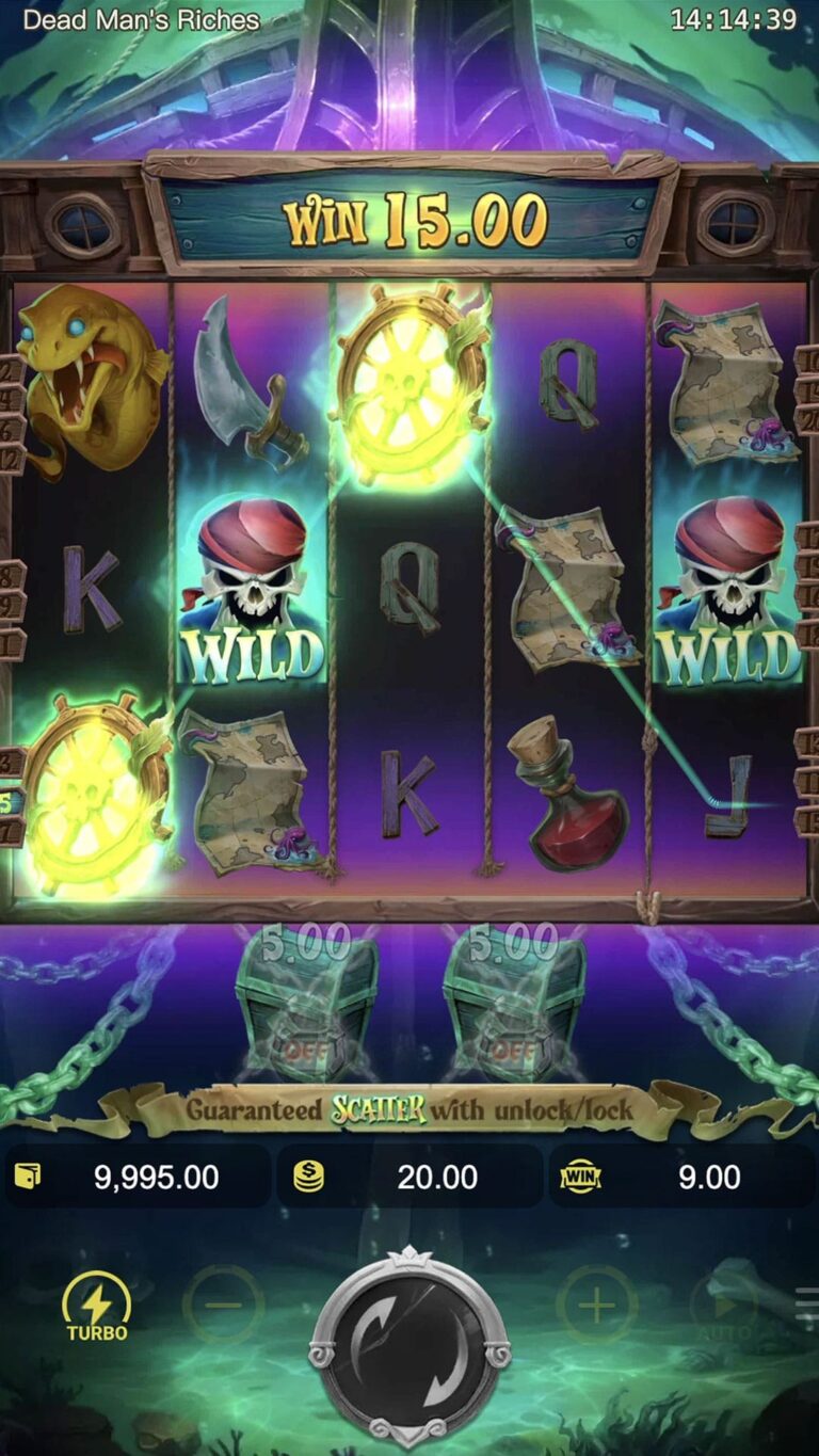 Travelling Wild Feature active in Dead Man's Riches, with Red Skull and Blue Skull Wilds moving across the reels.