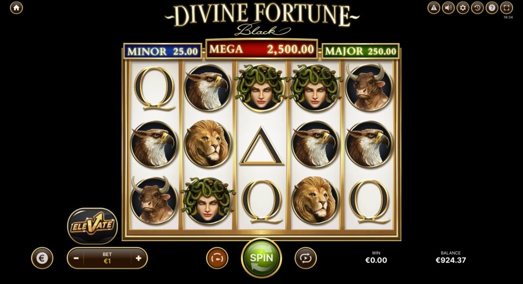 Main game interface of the Divine Fortune Black slot showing the 5x3 reel layout populated with various symbols including Medusa, Minotaur, and Lion.