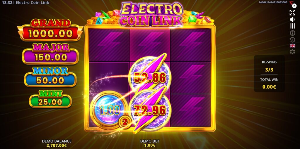 Electro Coin Link RUNNING WINS™ bonus game with Super Bonus symbol and coin values.