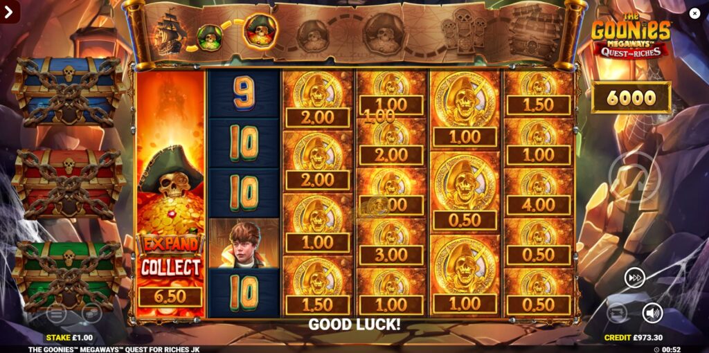 Cash Collect feature activated in The Goonies Megaways Quest for Riches with Collect symbol and Cash prizes.