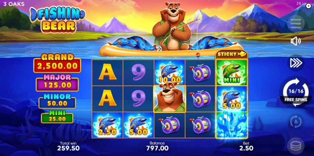 Fishing Bear Free Spins round showcasing sticky Bear Wild and reel 5 sticky Fish Bonus symbol