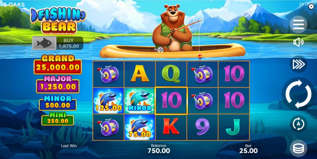 Fishing Bear slot main game screen with 5x3 reels, jackpots, and bear character by 3 Oaks