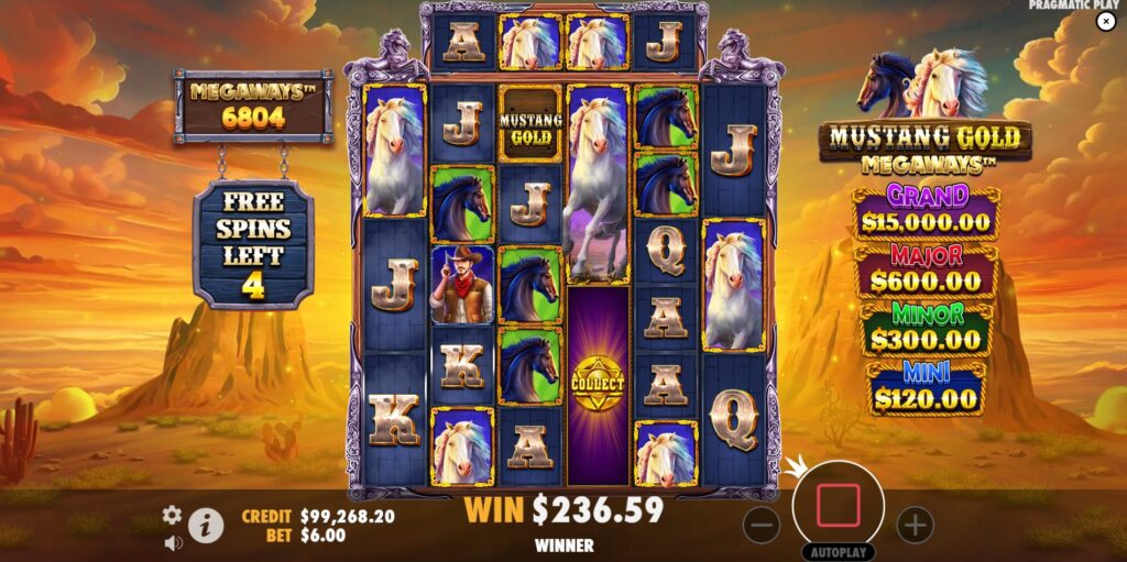Golden Collect symbol active during Mustang Gold Megaways free spins round with respins.