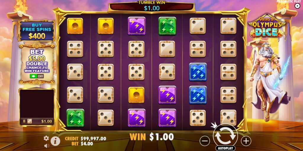 Gates of Olympus Dice slot base game screen with 6x5 reel layout and Zeus.