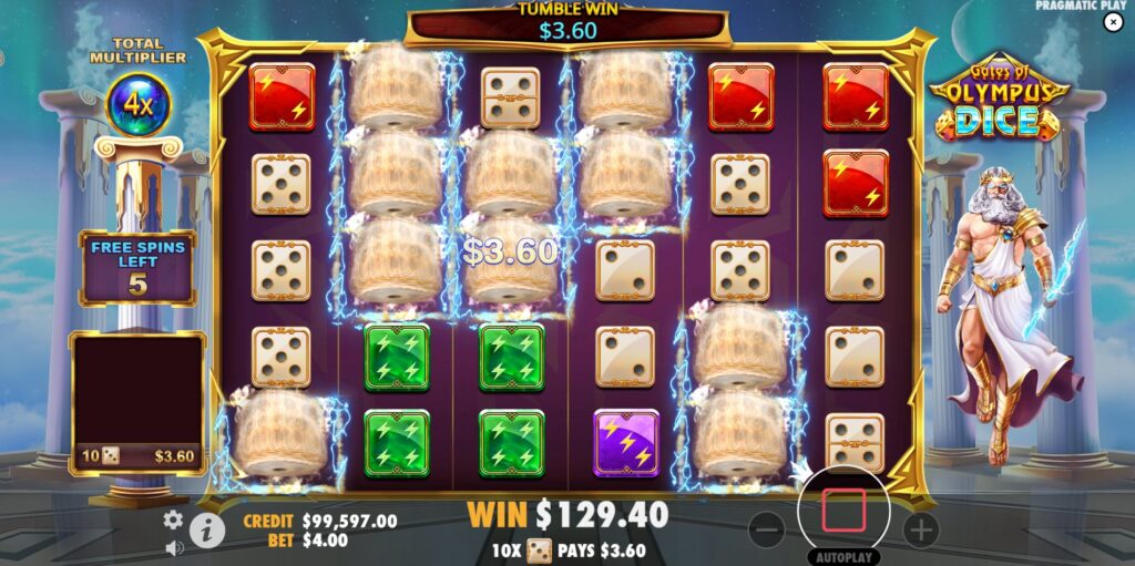 Gates of Olympus Dice Free Spins round showing an accumulated global win multiplier.