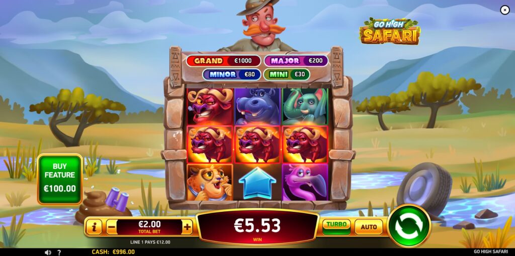 Go High Safari slot base game screen with 3x3 reels and animal symbols by RubyPlay.