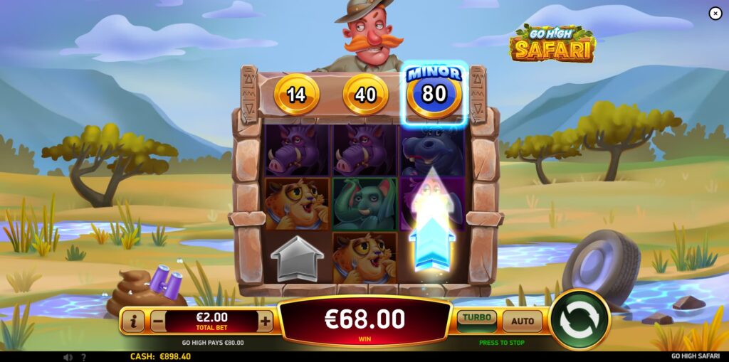 Go High Safari slot's Go High feature showing a potential jackpot win on the prize reel.