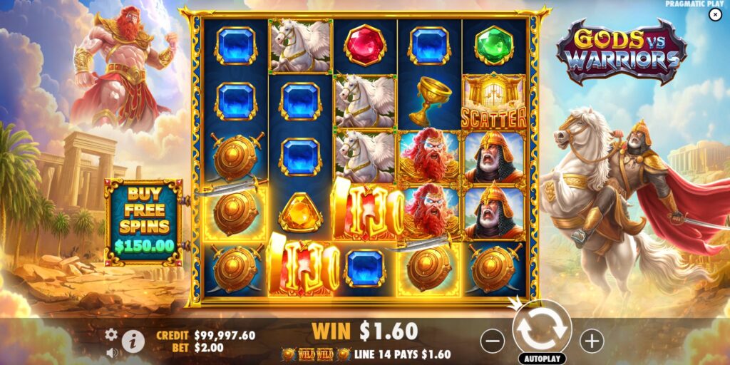 Gods vs Warriors slot base game screen displaying reels, symbols, and game interface by Pragmatic Play.