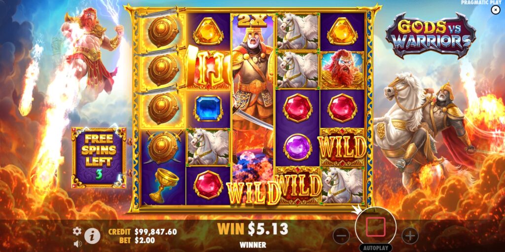 Gods vs Warriors Free Spins round showcasing sticky expanded wild reels with multipliers in play.