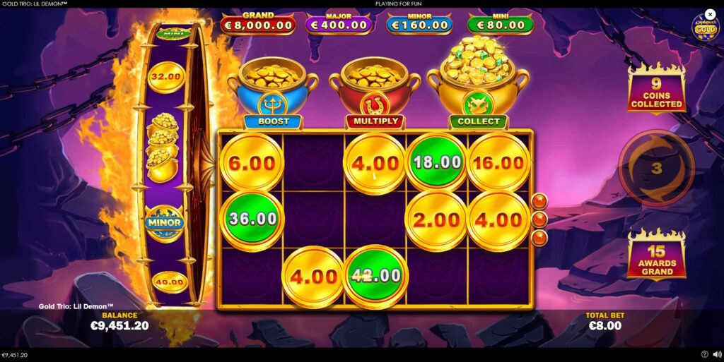 The Gold Trio Respins bonus round in Gold Trio: Lil' Demon, showcasing locked coin symbols and active coin abilities.