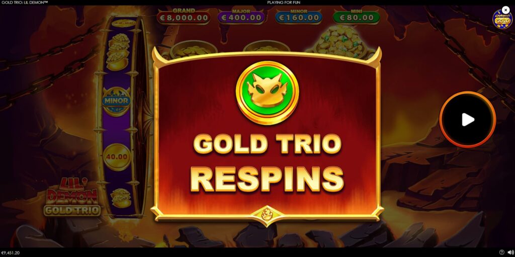 Coloured Coins (Blue, Red, Green) triggering the Gold Trio Respins feature in the Lil' Demon slot game.