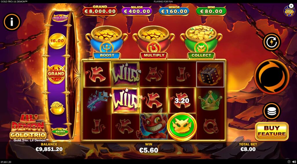 Wild symbols forming a winning combination on the reels of Gold Trio: Lil' Demon slot, highlighting their substituting role.