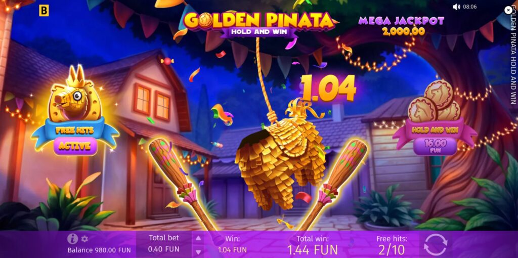 Golden Pinata Free Hits bonus round with golden pinata and dual bats