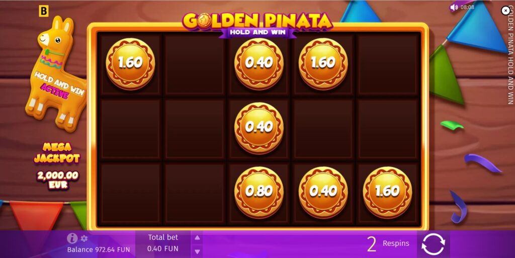 The 5x3 grid of Golden Pinata's Hold and Win bonus with Coin, Collect, or Plus Spin symbols