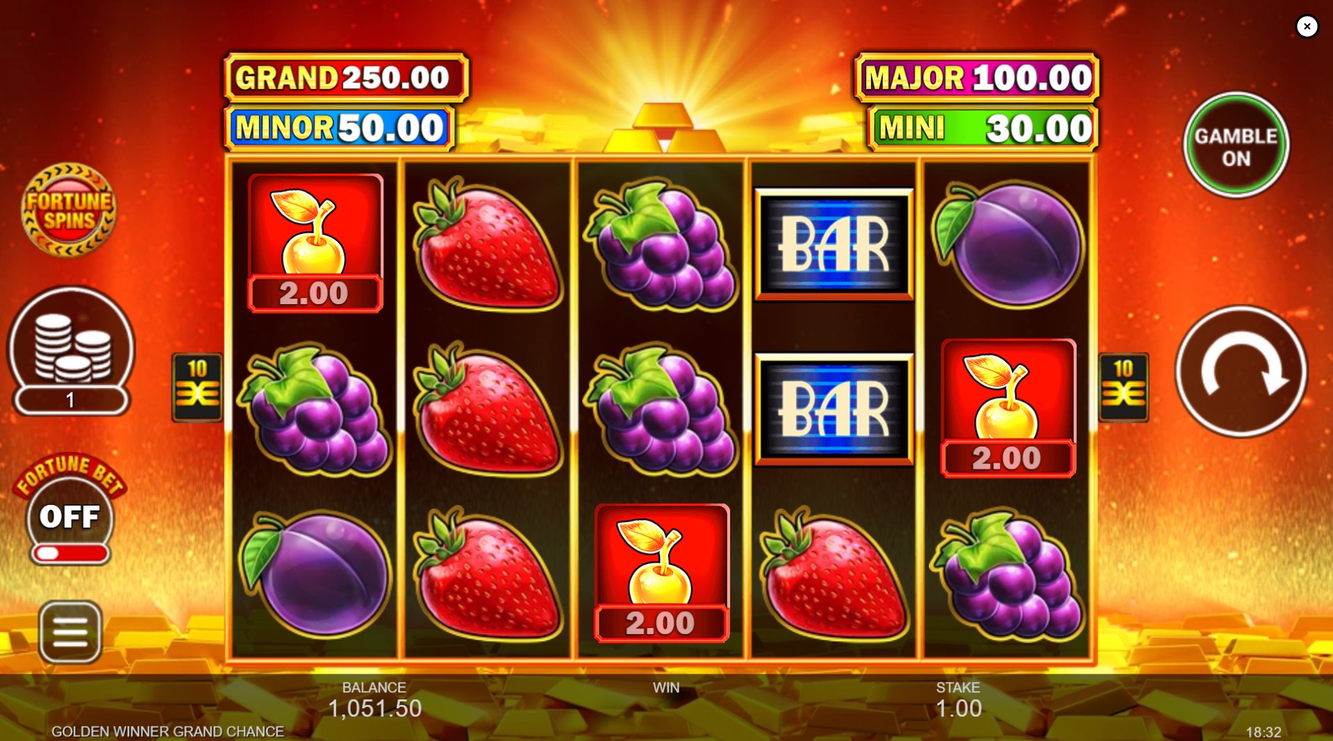 Golden Winner Grand Chance slot machine base game interface showing 5x3 reels and jackpot displays.