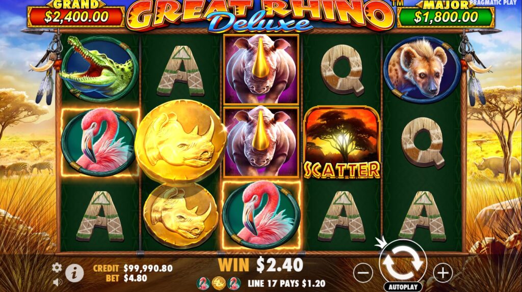Great Rhino Deluxe slot base game screen
