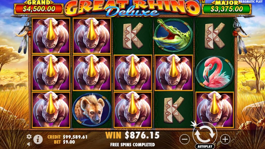 The final spin of the Great Rhino Deluxe Free Spins round, showing numerous collected Rhino symbols placed randomly onto the night-time reels.