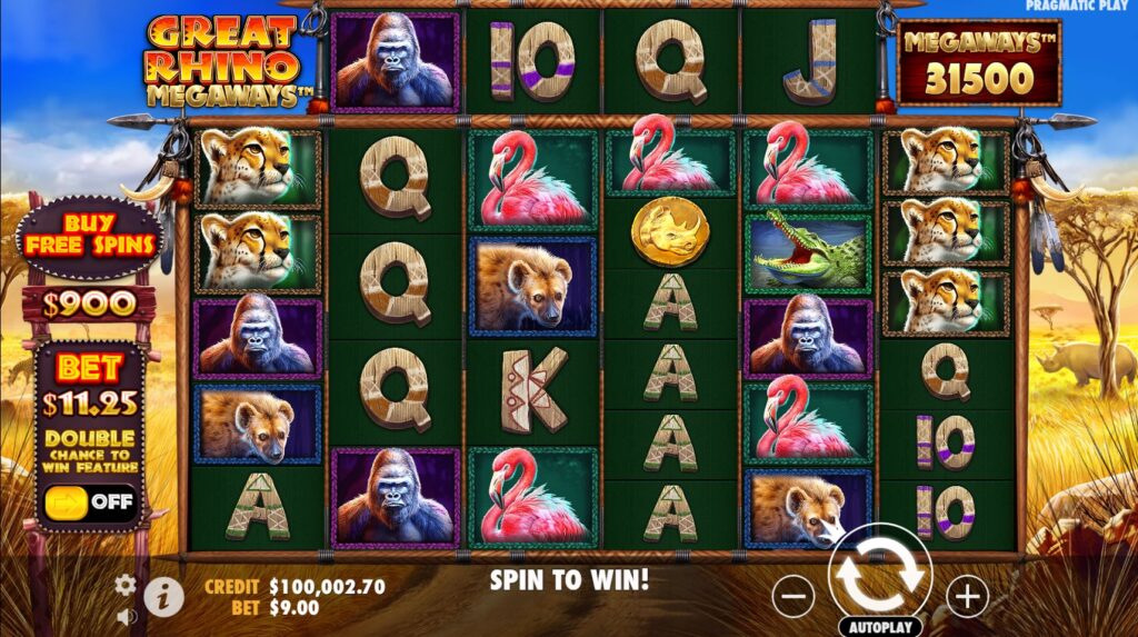 Great Rhino Megaways slot gameplay showing the dynamic reel heights, top horizontal reel.