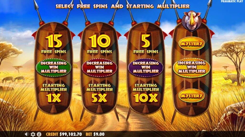 The Free Spins selection screen in Great Rhino Megaways, presenting the four choices balancing starting spins and win multiplier.