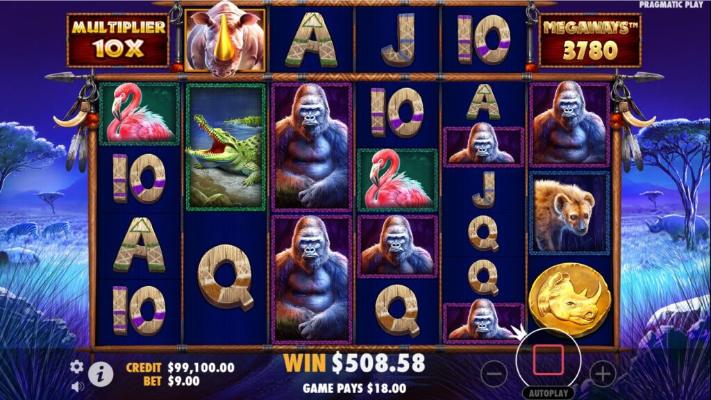 Great Rhino Megaways Free Spins round active with the increasing win multiplier displayed prominently x10 after a tumble.
