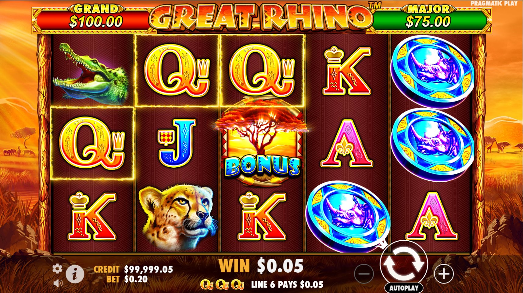 Great Rhino slot base game screen featuring the 5x3 reel layout with various animal symbols, card royals, and a Wild symbol