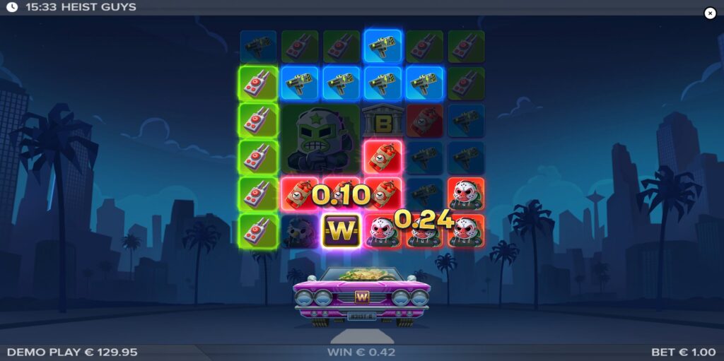 Heist Guys slot base game showcasing a cluster win on the 6x6 grid with various symbols.