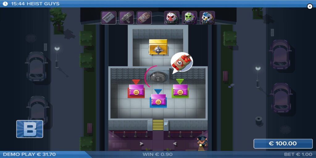 Overview of the map-based Bonus Game in Heist Guys, showing thugs, guards, and safes.