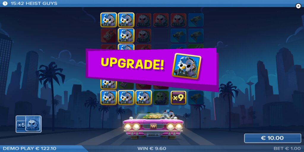 Heist Guy symbol upgrading to a high-value Kicker Symbol (gold bars).