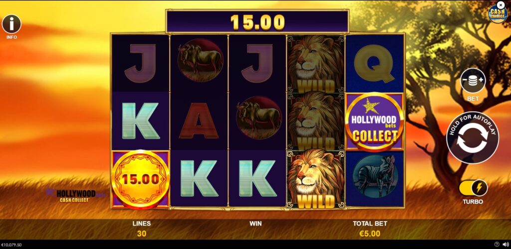 Hollywood Bets: Cash Collect™ symbol on reel 5 actively collecting various Cash Prize coins from the reels, illustrating the core feature.