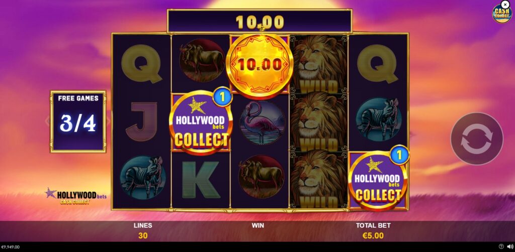 Free Games round in Hollywood Bets: Cash Collect showcasing sticky Cash Collect™ symbols on various reels, actively collecting prizes.