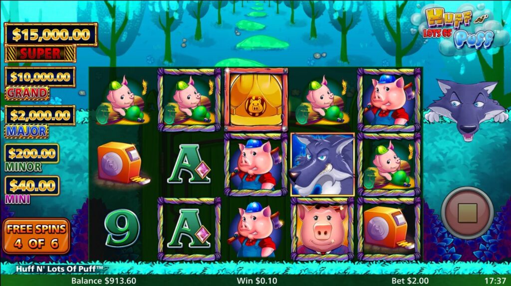 Huff N' Lots of Puff slot during the Free Spins feature, displaying pig symbols, the Wolf Wild, and active Strawframes on reel positions, with 4 of 6 spins remaining.
