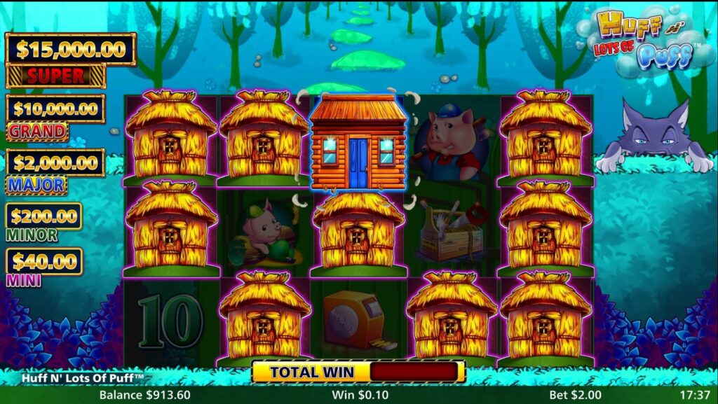 Huff N' Lots of Puff slot game showing multiple Strawhouse symbols covering the reels during the House Prizes feature, with the wolf peeking.