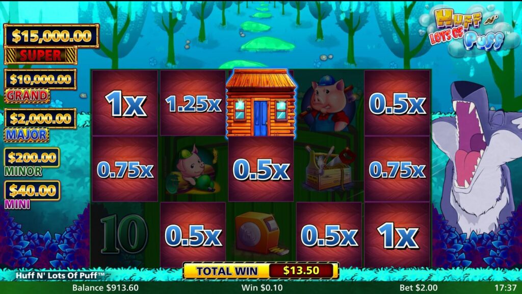 Huff N' Lots of Puff slot House Prizes feature revealing bet multipliers like 1x, 1.25x, and 0.5x with the Big Bad Wolf on screen.