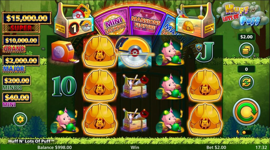 Huff N' Lots of Puff slot main game screen with pig symbols, wolf wild, and jackpot displays by Light & Wonder.