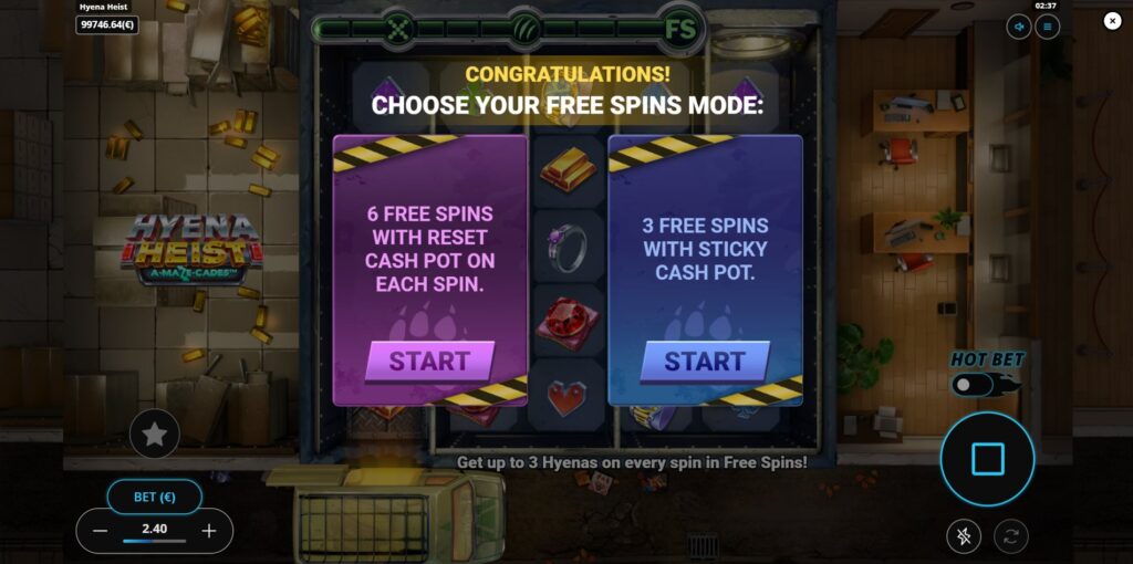 Hyena Heist slot Free Spins selection screen offering Reset Cash Pot or Sticky Cash Pot modes.