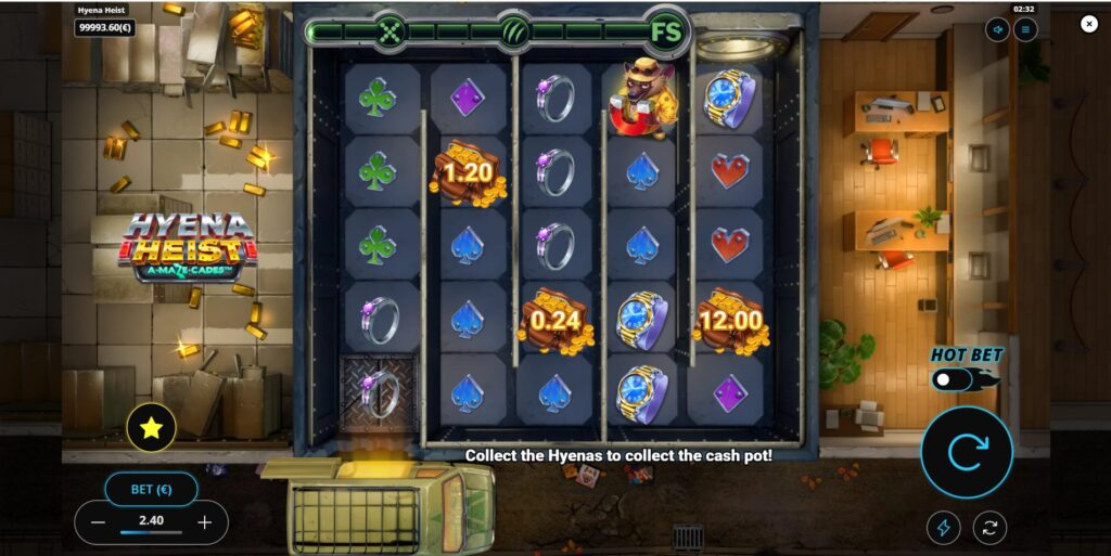 Hyena Heist slot main game interface by Gaming Corps with 5x5 grid 
