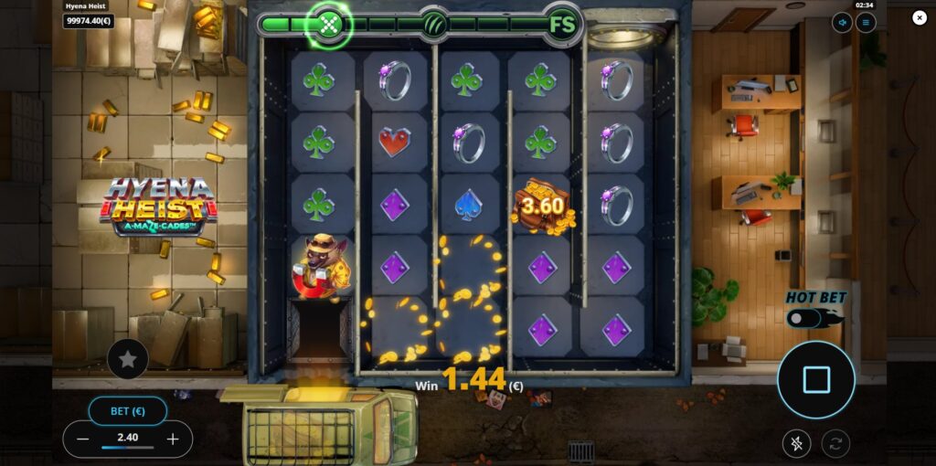 Hyena Heist A-MAZE-CADES mechanic showing symbols moving towards the Exit Position after a win.