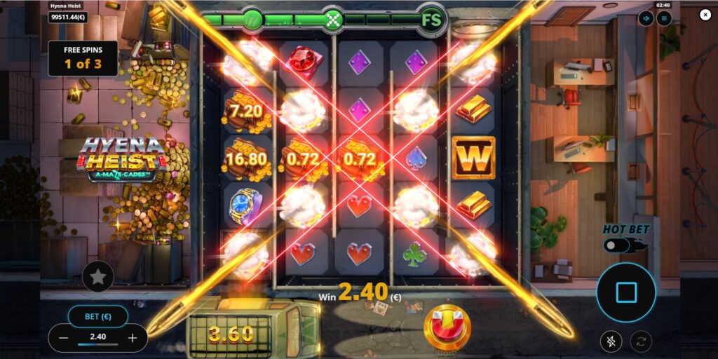 The X-Cut feature activated in Hyena Heist slot, clearing symbols in an X-pattern across the reels.