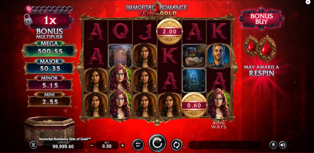 Immortal Romance Vein of Gold slot base game screen featuring the 6x4 reel layout, symbols, and red background.