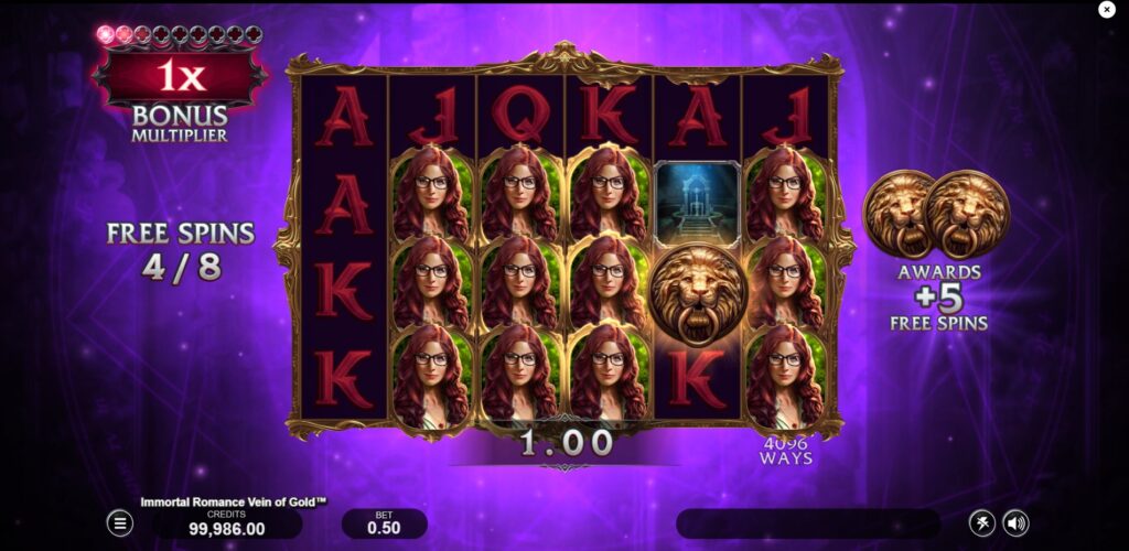 Gameplay during the Immortal Romance Vein of Gold Free Spins feature with its purple theme and potential wild multipliers.