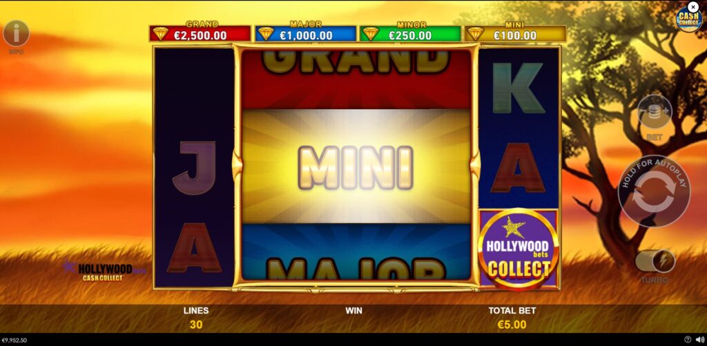 Screen displaying a Mini  Jackpot win notification and amount in the Hollywood Bets: Cash Collect slot game.