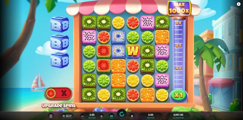 Jumbo Juicy slot base game grid with colorful fruit symbols and beach background.