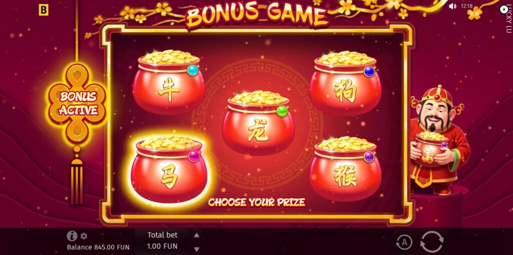 Lucky Lu bonus game screen with five Chinese zodiac pots ready for player selection.