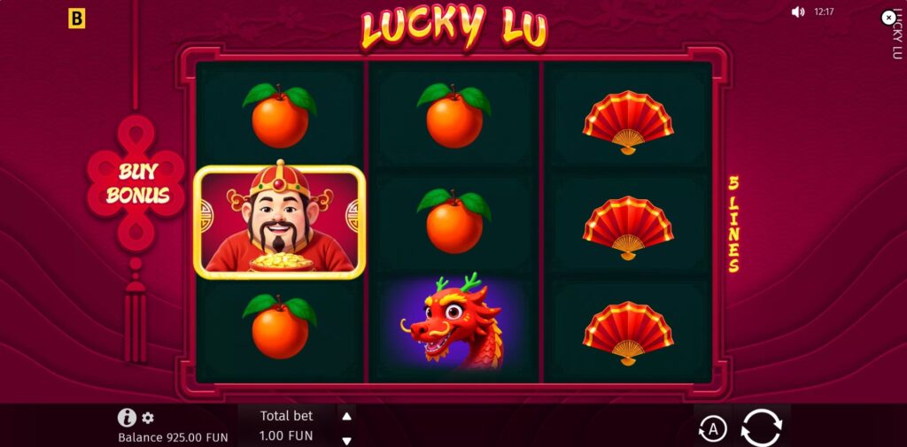 Lucky Lu slot main game screen showing the 3x3 reel grid and themed symbols.