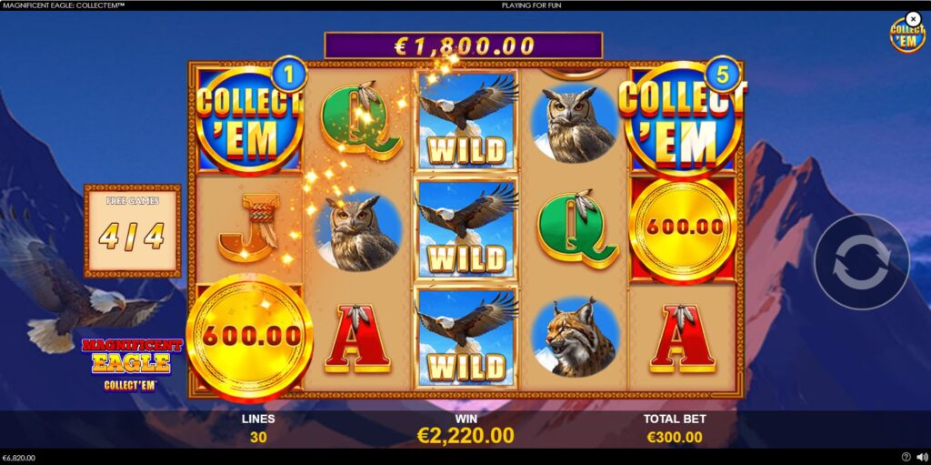 The unique Moving Collect'Em™ symbol active and shifting left across the reels during the Free Games feature in Magnificent Eagle: Collect'Em.
